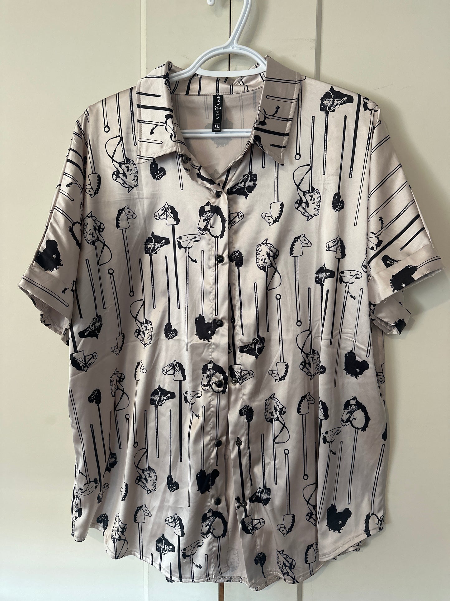 Size XL Unique Stick Horse Pattern Silk Blouse